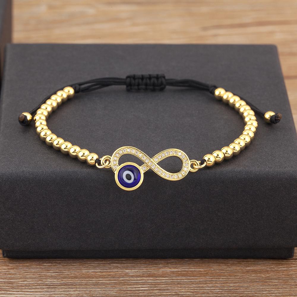 

Nidin New Trendy 8 Number Shape Evil Eye Round Beads Charm Bracelets Adjustable For Women Shiny Crystal Zircon Jewelry Gifts темно-синий