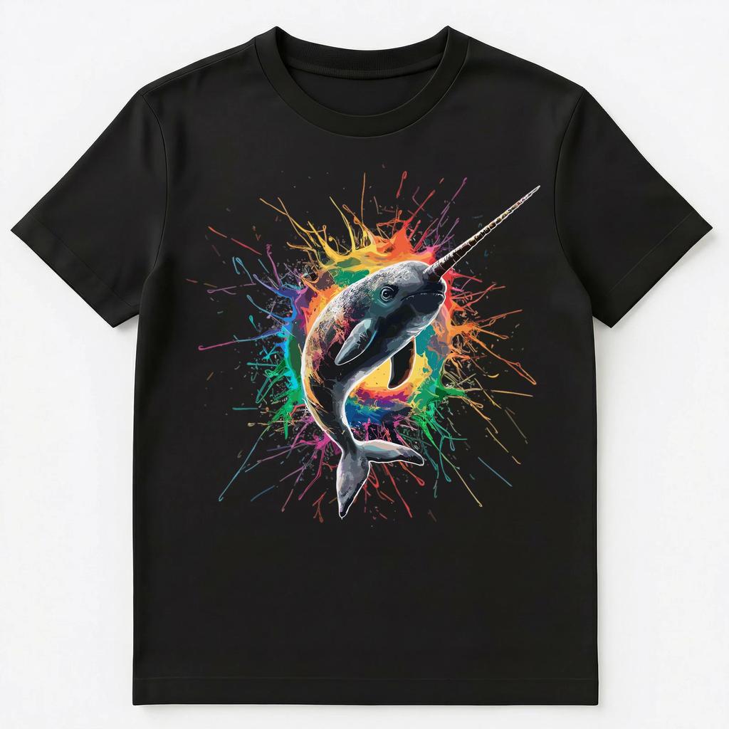 Colorful Paint Splash Narwhal Art Graphic Unisex T-Shirt