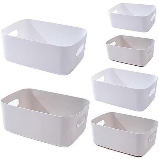 Storage Box 6-Piece Set Stackable Small Item Case Handles Soft Polypropylene Plastic Basket (White + Gray)