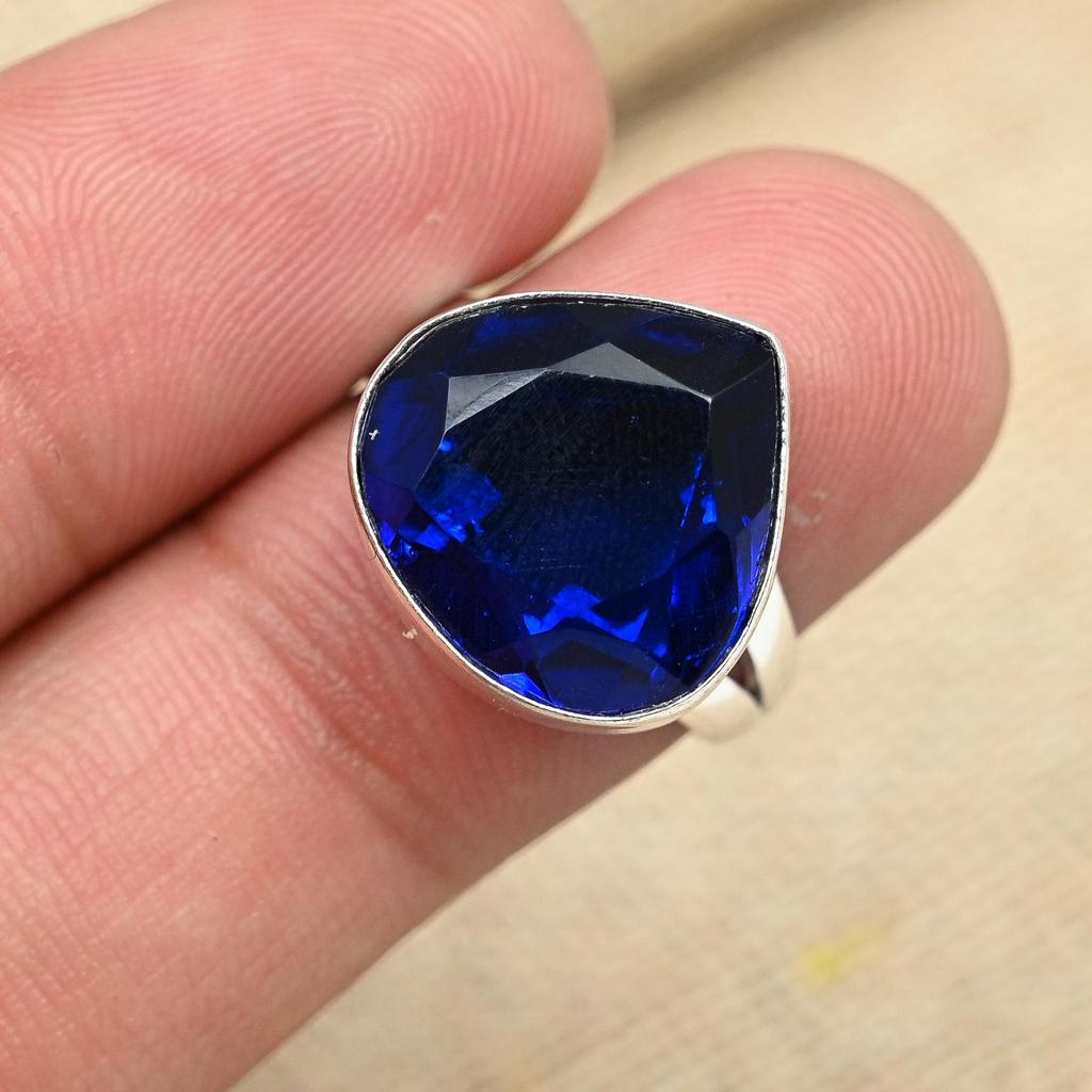 Lab-Created Blue Sapphire Gemstone 925 Solid Silver Jewelry Wedding Ring Gift For Her