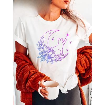 Europäische Größe 1 Stück Damen-T-Shirt mit floralem Katzen- und Monddruck - Polyester Rundhals Kurzarm Lässiges Oberteil mit leichter Dehnbarkeit für alle Jahreszeiten