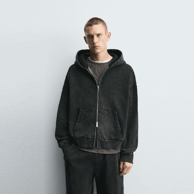 Za2025 Autumn New Men s Clothing Loose Casual Washed Hooded Zipper Sweatshirt Cardigan Jacket 3443334 Black S