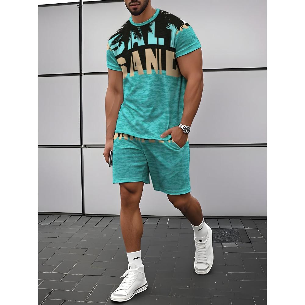 Men's Outdoor Leisure Sports 3D Printed Round Neck Short Sleeved T-shirt and Shorts Set Trendy and Fashionable Men's T-shirt