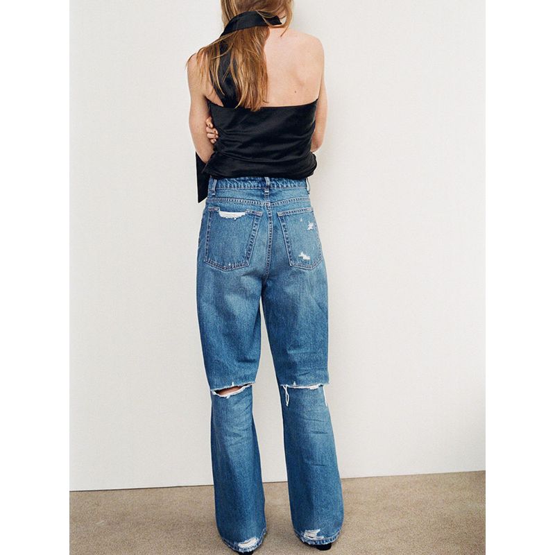 Za2025 Autumn New Women clothes Versatile Slimming Ripped Decoration Fashion High Waist Baggy jeans 8727010
