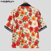 INCERUN Summer Men Lapel Neck Short Sleeve Floral Print Stitching Casual Oversized Hawaiian Shirts