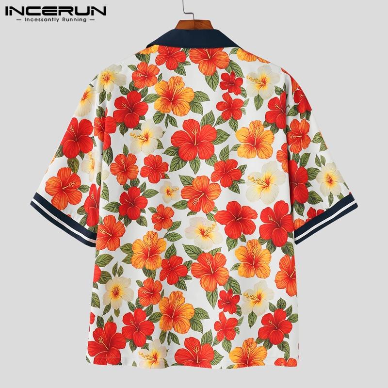 INCERUN Summer Men Lapel Neck Short Sleeve Floral Print Stitching Casual Oversized Hawaiian Shirts