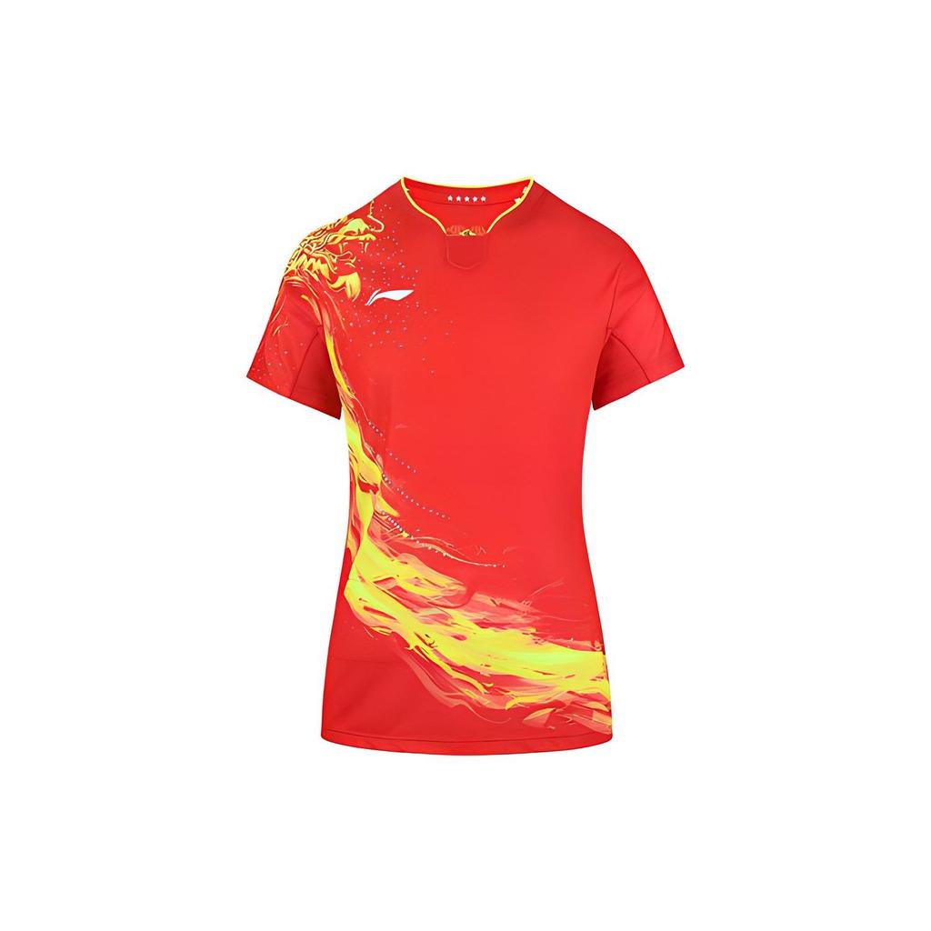 Li Ning Table Tennis Series Dragon Totem Letter Print Sports Quick-Dry Short Sleeve T-Shirt Women Tops Crimson AAYR358-1