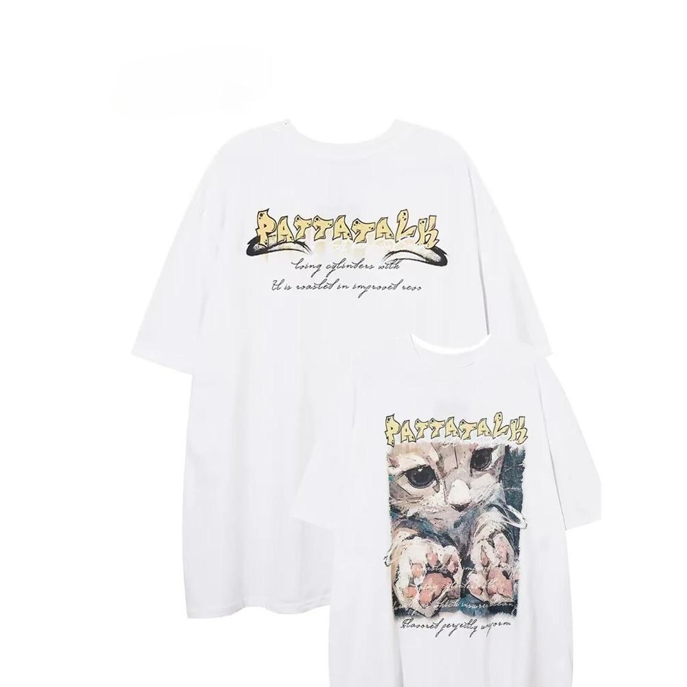 American Retro Original Trendy Brand Cat Print Short Sleeved Men's Top Summer Oversized Loose Couple T-shirt Women Summer Loose