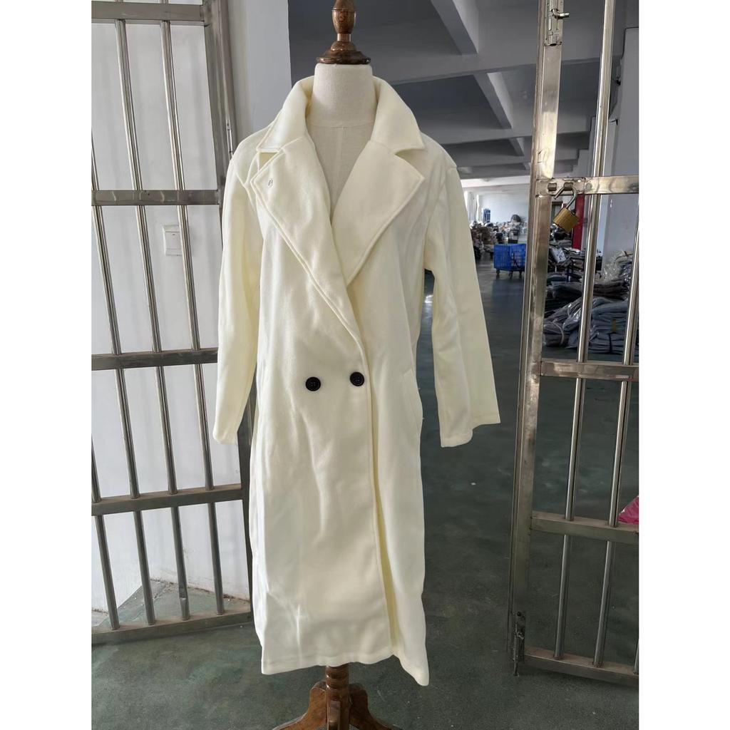 Manteau Trench Long Midi Oversize à Col Cranté pour Femme en Mélange de Laine Simple Boutonnage