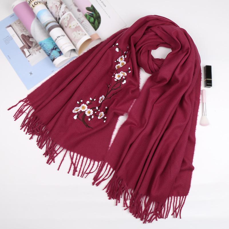 Autumn and winter new plum blossom wool scarf women's versatile tassel fashion flower warm solid color shawl women