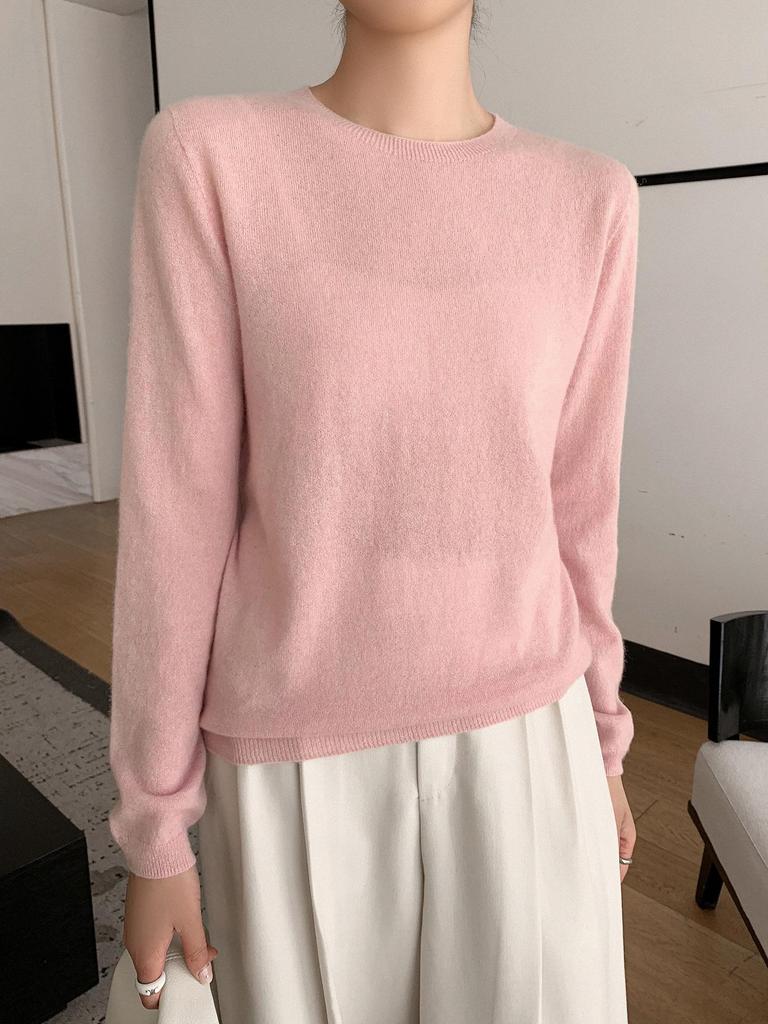 Women's 100% Cashmere Round Neck Loose Pullover Sweater, Long Sleeve, Solid Color Knitwear for Autumn/Winter