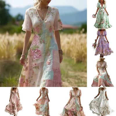 Women's Boho V-Neck Maxi Dress, Floral Print Short Sleeve Casual A-line Dress, Vintage Western Travel Vacation Outfits