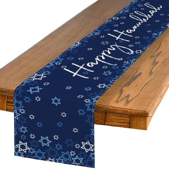 Artoid Mode Beige Hexagram Happy Hanukkah Table Runner, Chanukah Kitchen Dining Table Decoration for Home Party Decor 13x72 Inch