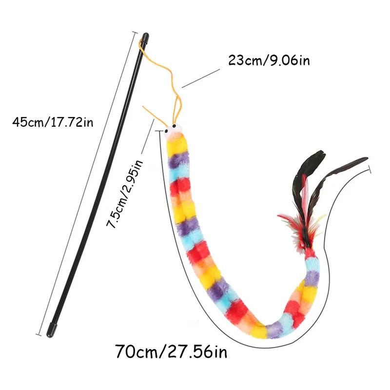 Rainbow Caterpillar Cat Teaser Toy Interactive Plush Wand with Feathers for Kittens Indoor Play