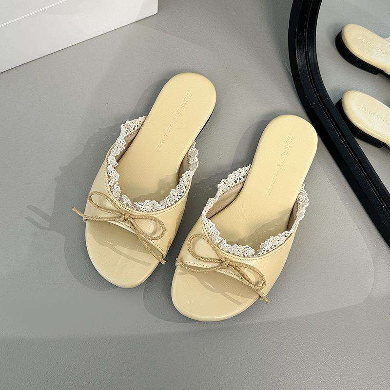 

Fairy high-heeled cool slippers summer elegant lace bow silk open-toed thick-heeled one-word slippers 40 жёлтый