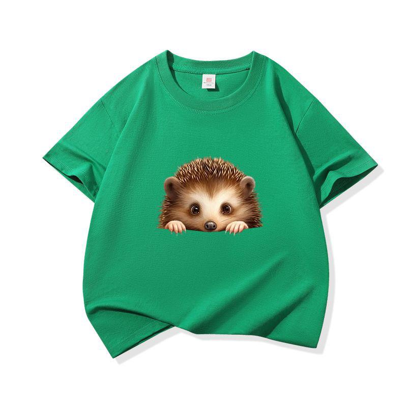 Kids Cotton T Shirt Cute Peeking Hedgehog Print Crew Neck Short Sleeve Tee Casual Breathable Boys Girls Summer Tops