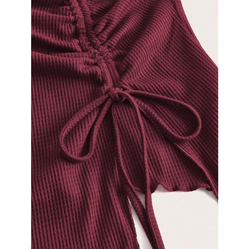 Women's Winter Drawstring Slit Irregular Waffle Style Slim Fit Strapless Vest Top