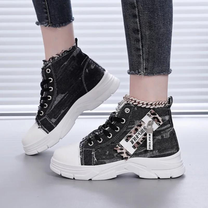 Women Sneakers New Canvas High-top Women Shoes 2025 Breathable Denim Sneakers Women Summer Thick Bottom Heightening Casual Shoes
