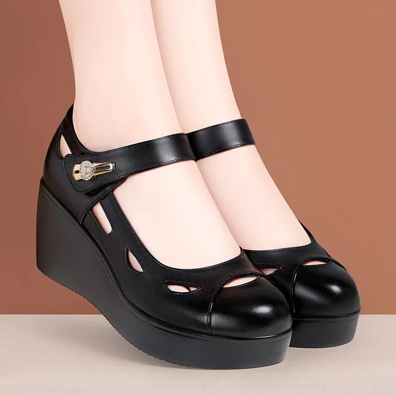 6cm Tamanho Pequeno 33-43 Confortável Couro Macio Boca Rasa Sapatos de Plataforma Outono 2025 Salto Médio Cunhas Sapatos Mulher para Escritório Mãe