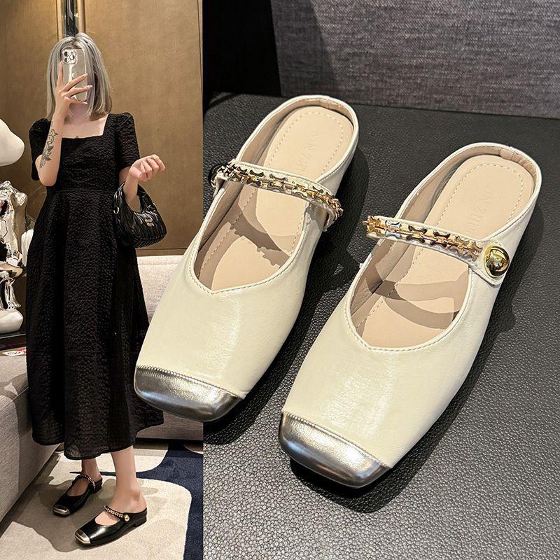 Fashion Hot Selling Women's Slippers Mule Summer 2025 New Square Toe Chunky Heels Silver Women Shoes Outdoor Ladies Slippers Women Shoes