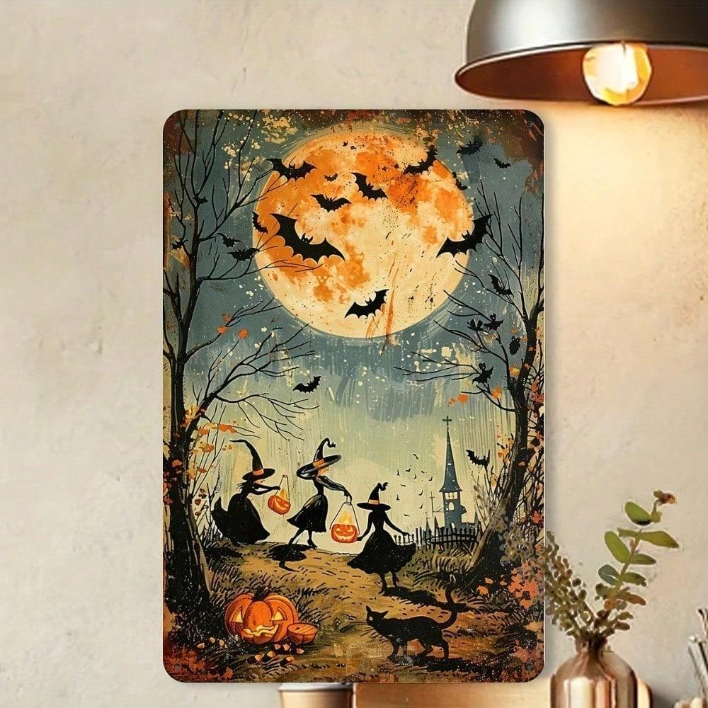 Vintage Halloween Witch Metal Sign 8x12in, Retro Bat Wall Decor for Home Garden Cafe Garage, Indoor Outdoor