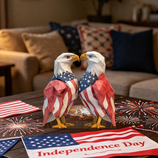 Tabletop 2D Wooden Bald Eagle Figurine, 4th of July Patriotic Eagle Statue with Base for Independence Day Home Table Decor
