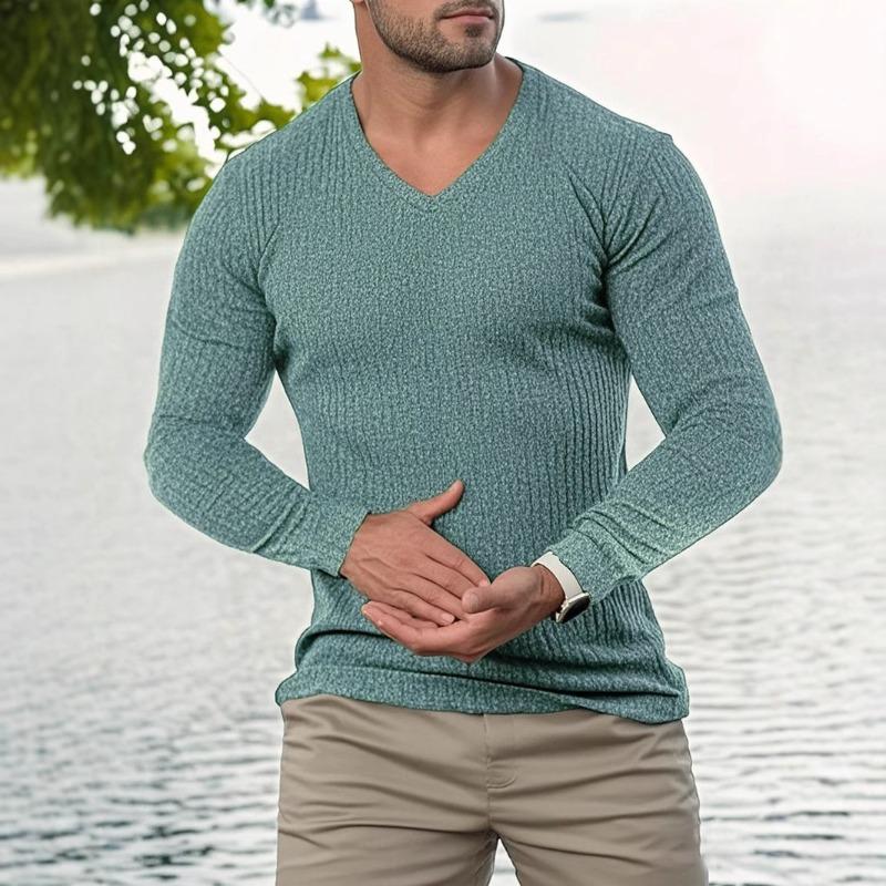 Men's Autumn Stand Collar V-Neck Long Sleeve T-Shirt, Vertical Striped Stretch Pullover Top for Sports Fitness Casual Daily Wear
