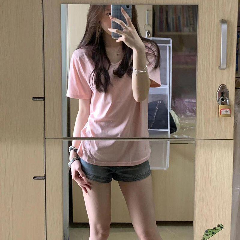 Women's Pink V-Neck Short-Sleeve T-Shirt - Summer 2026 Korean Style, Loose Fit, Slimming, Versatile Plain Color Half-Sleeve Top