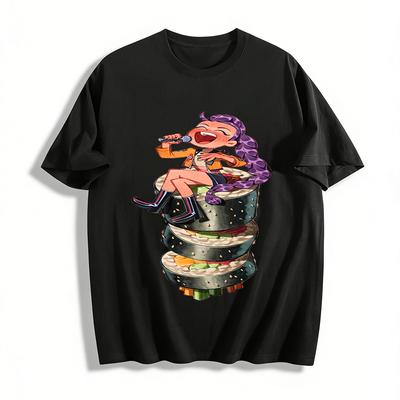 Singing Girl On Stacked Sushi Graphic Casual Top Trendy Fun Food Print Tee For Teens Adults Pure Cotton T-shirt