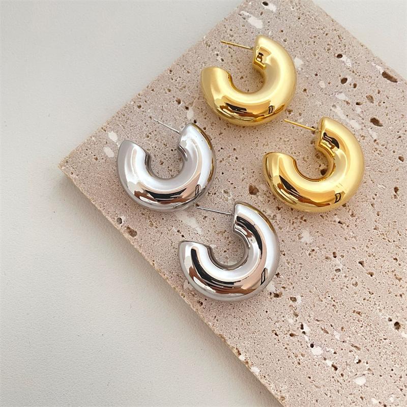 2026 New Geometric Simple Minimalist Round Gold Color Silver Color Thick Metal Hoop Earrings for Women Fashion Jewelry Wholesal
