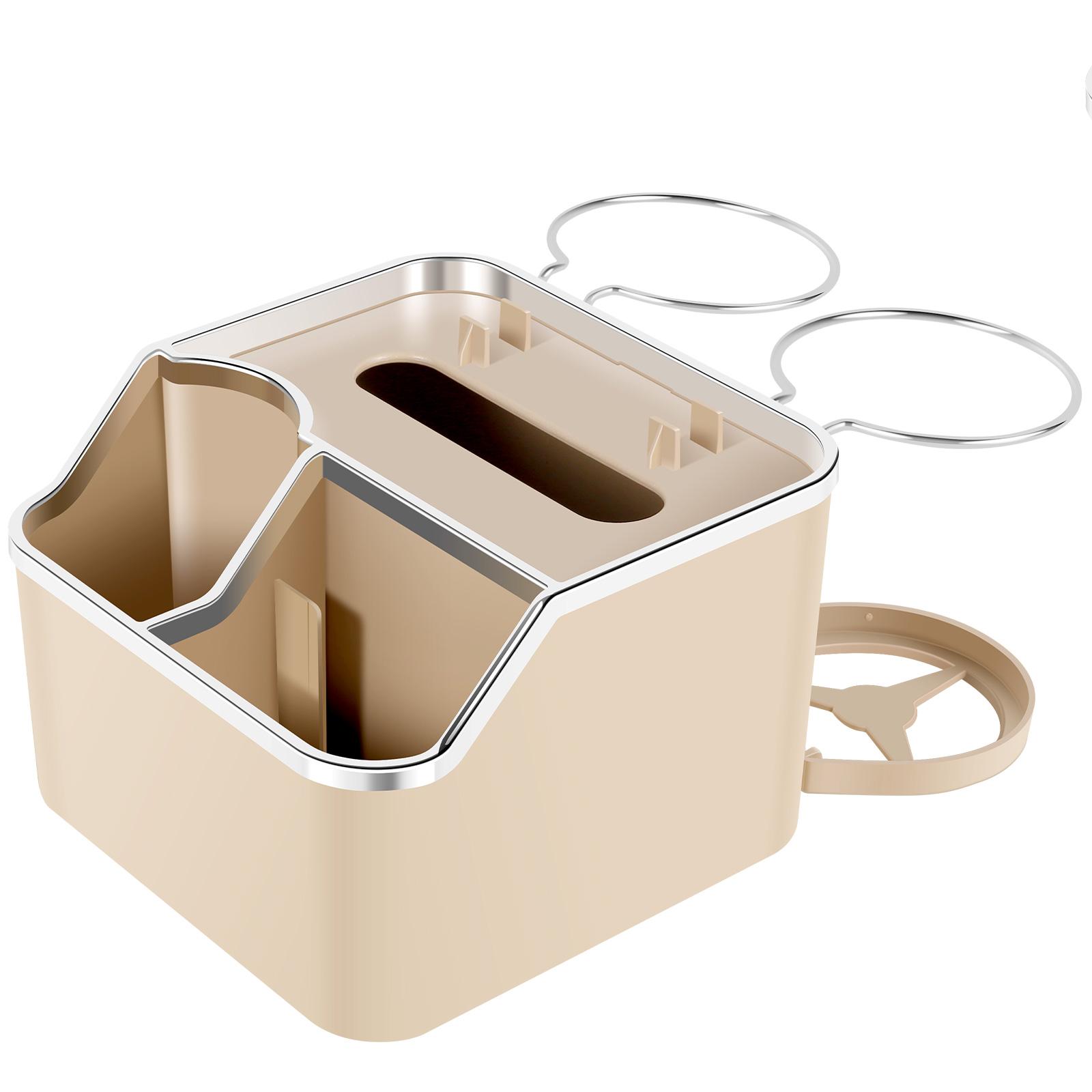 

Органайзер для хранения в подлокотнике автомобиля, держатель для салфеток в подлокотнике с 2 складными подстаканниками, ящик для хранения в салоне автомобиля для автомобильных аксессуаров бежевый