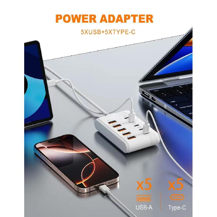 10 Ports USB Charger Fast Charging Power Strip USB Type-C Electrical Socket Adapter For Home Office Desktop Charging Station