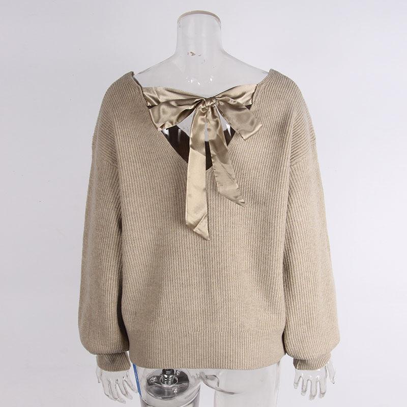 European & American V-neck Bowknot Sweater - Women's Casual Autumn/Winter Long Sleeve Loose Top
