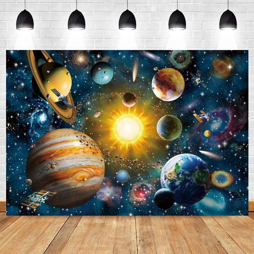Happy Birthday Party Decor Outer Space Photography Background Custom Astronaut Rocket Galaxy Planet Photo Kids Gift Baby Shower