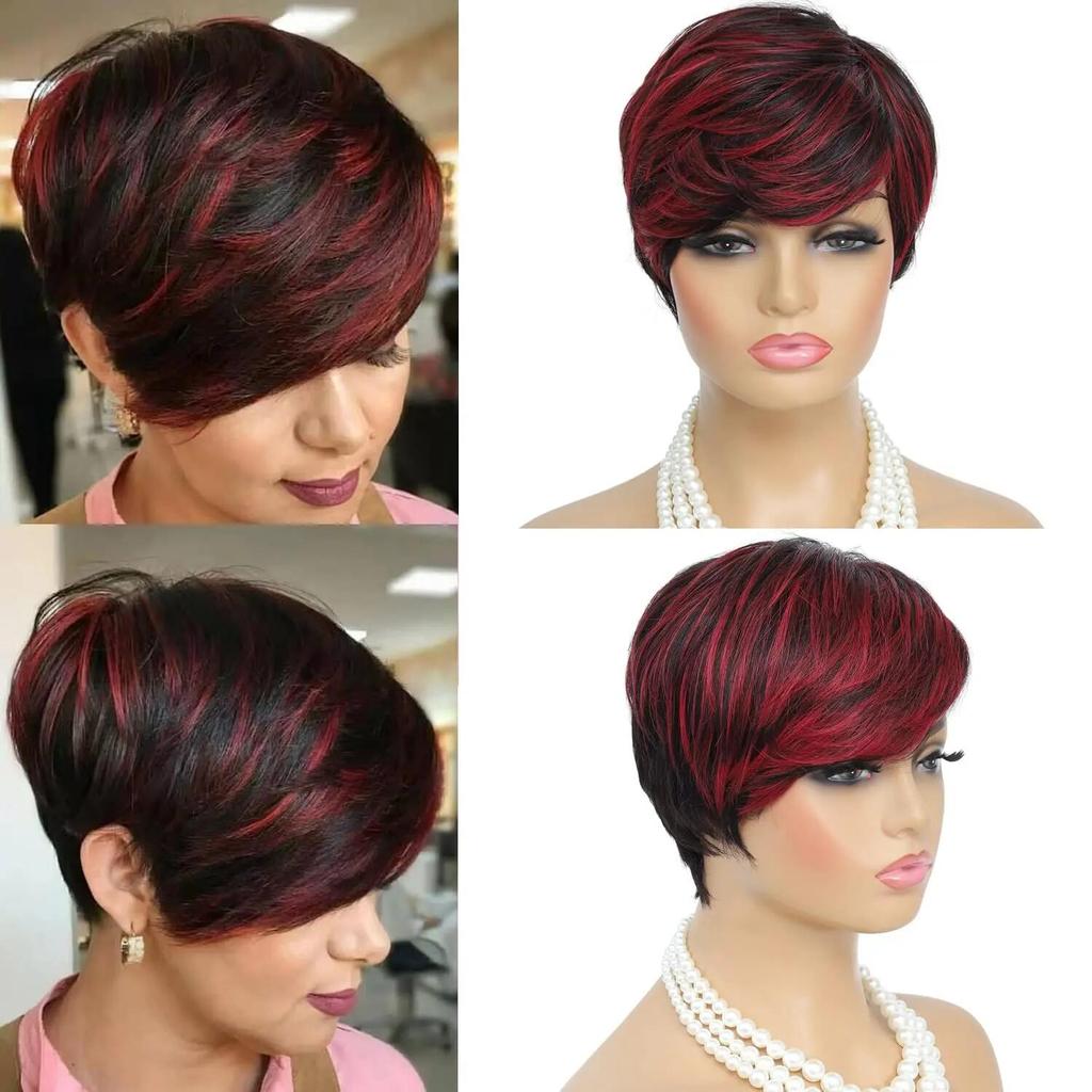 Parrucca Tagliata per Donne Nere Parrucca Taglio Corto Nero Misto con Rosso Parrucche Ricci Nere Miste Rosse Parrucca Pixie Cut Nero Naturale Misto Rosso Sintetica Corta