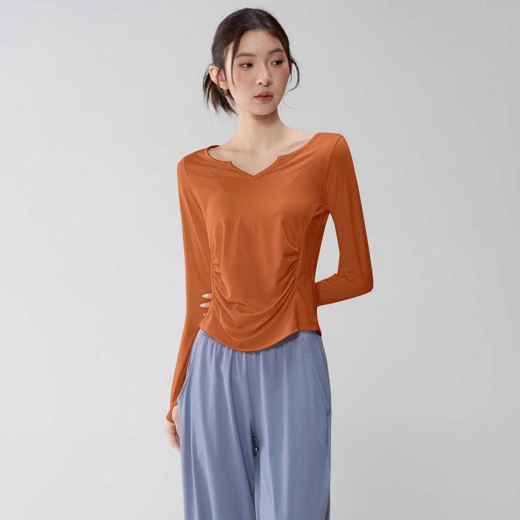 Women's V-Neck Yoga Suit: Loose, Quick-Dry, Long Sleeve for Casual Sports and Pilates Training