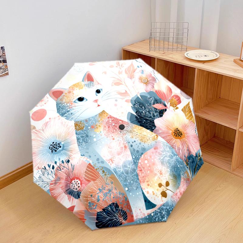 1 PC Automatic Folding Umbrella - White Cat Pattern, Portable & Foldable Design with 8 Ribs, Christmas Birthday Gifts