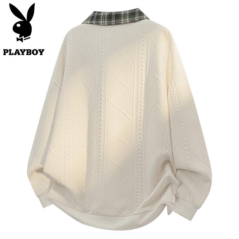 PLAYBOY Men's Oversized Plaid Patchwork Polo Sweatshirt