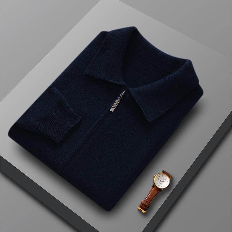 Men's 100% Pure Wool Knit Polo Collar Cardigan – Thickened, Fashionable, Zipper-Front Sweater for Business & Casual Wear.