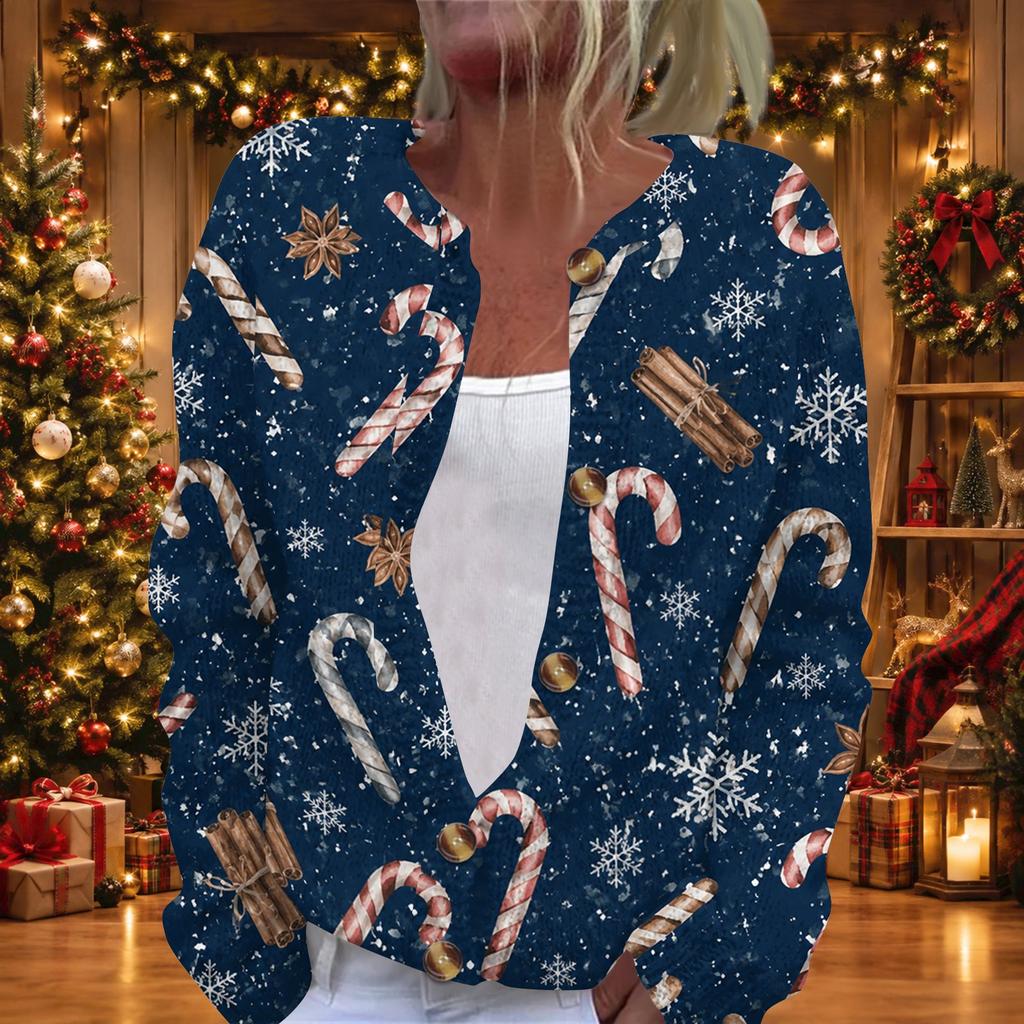 Women's Christmas Print Long Sleeve Knit Cardigan Sweater Button Front for Fall Winter
