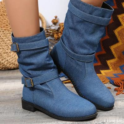Cowboy Damen Halbstiefel Cowgirl Qualität Denim Damen Mid-Calf Schuhe Flache Arbeit 2024 Neu Bequem und Elegant PU Mode