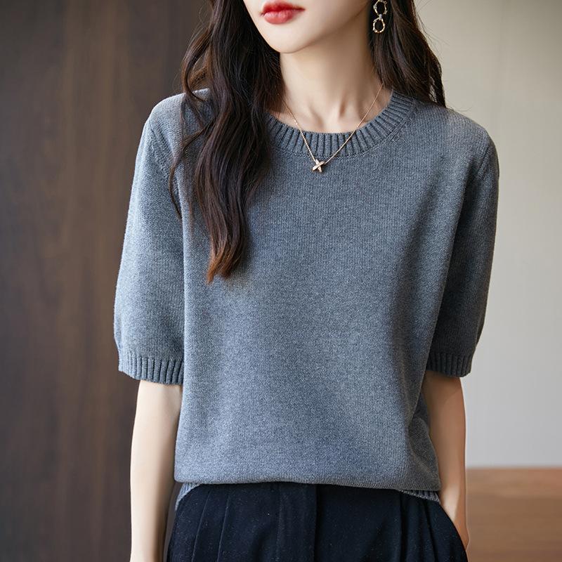 

Round-neck Pullover Loose Large-sized Thick Non-sagging Knitted Short-sleeved T-shirt for Women XXL сірий
