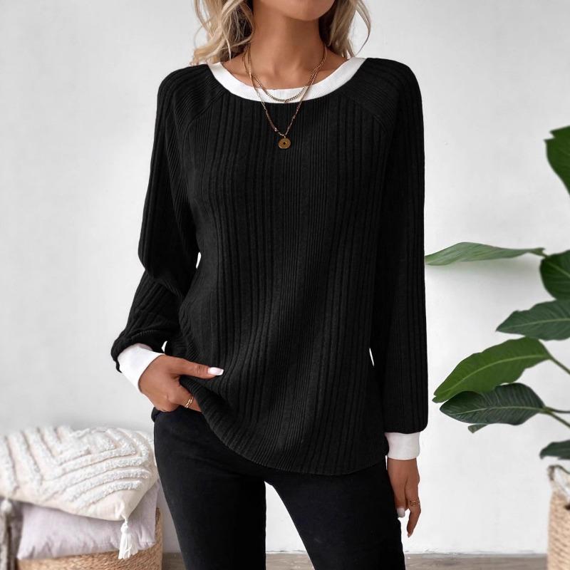 Women Color Block Crew Neck Ribbed Knit Sweater Solid Pink Raglan Long Sleeve Casual Top
