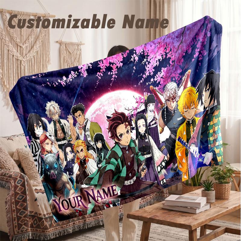 Custom Name Flannel Blanket,Demon Slayer Lightweight Warm Bed Blanket For Couch & Holiday Gift