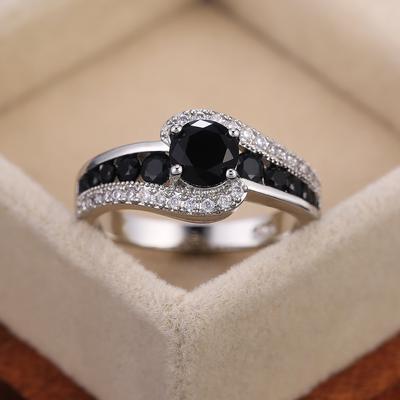 Anel de casamento feminino com pedra preta, cristal deslumbrante, zircônia, presente delicado, joia clássica feminina de alta qualidade