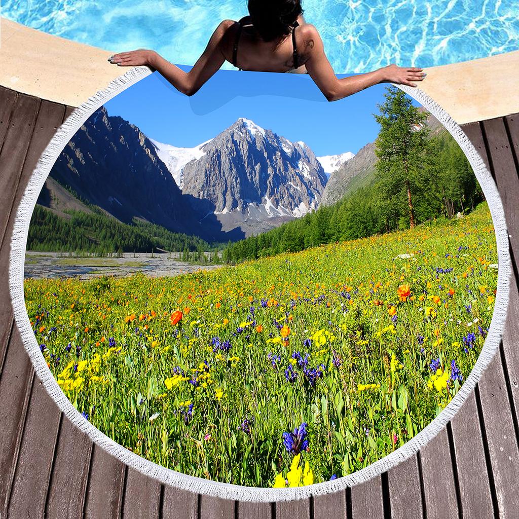Natural Scenery Round Beach Towel Abstract Mountain Landscape Beach Blanket Sand Free Quick Dry Circle Bath Towel Soft Yoga Mat