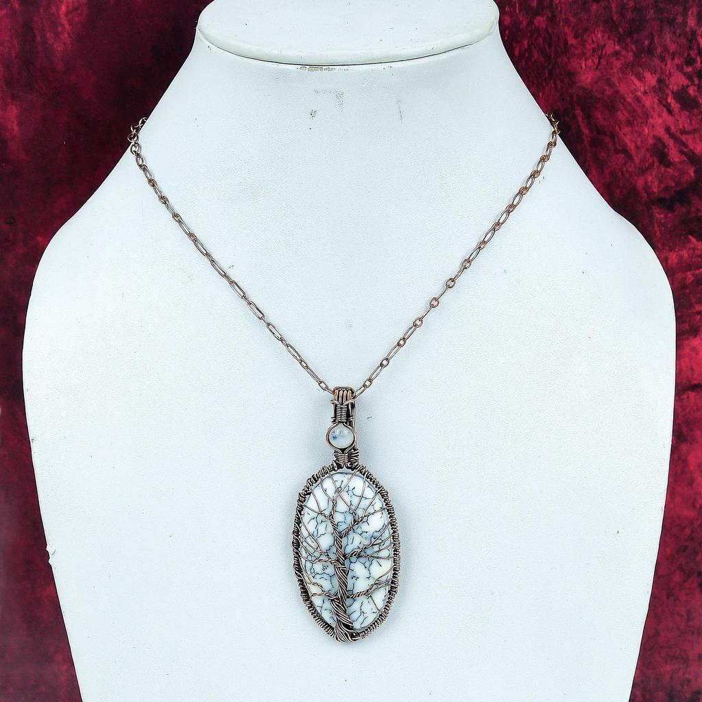 Tree Of Life Dendrite Opal Pendant Copper Wire Wrapped Rainbow Moonstone Jewelry
