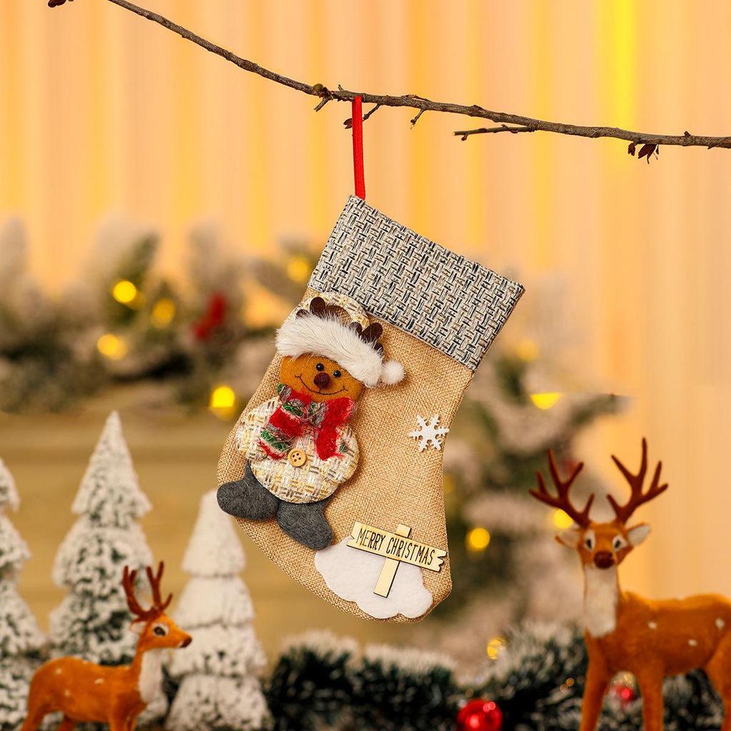Burlap 3D Cartoon Christmas Stocking Gift & Candy Bag Pendant