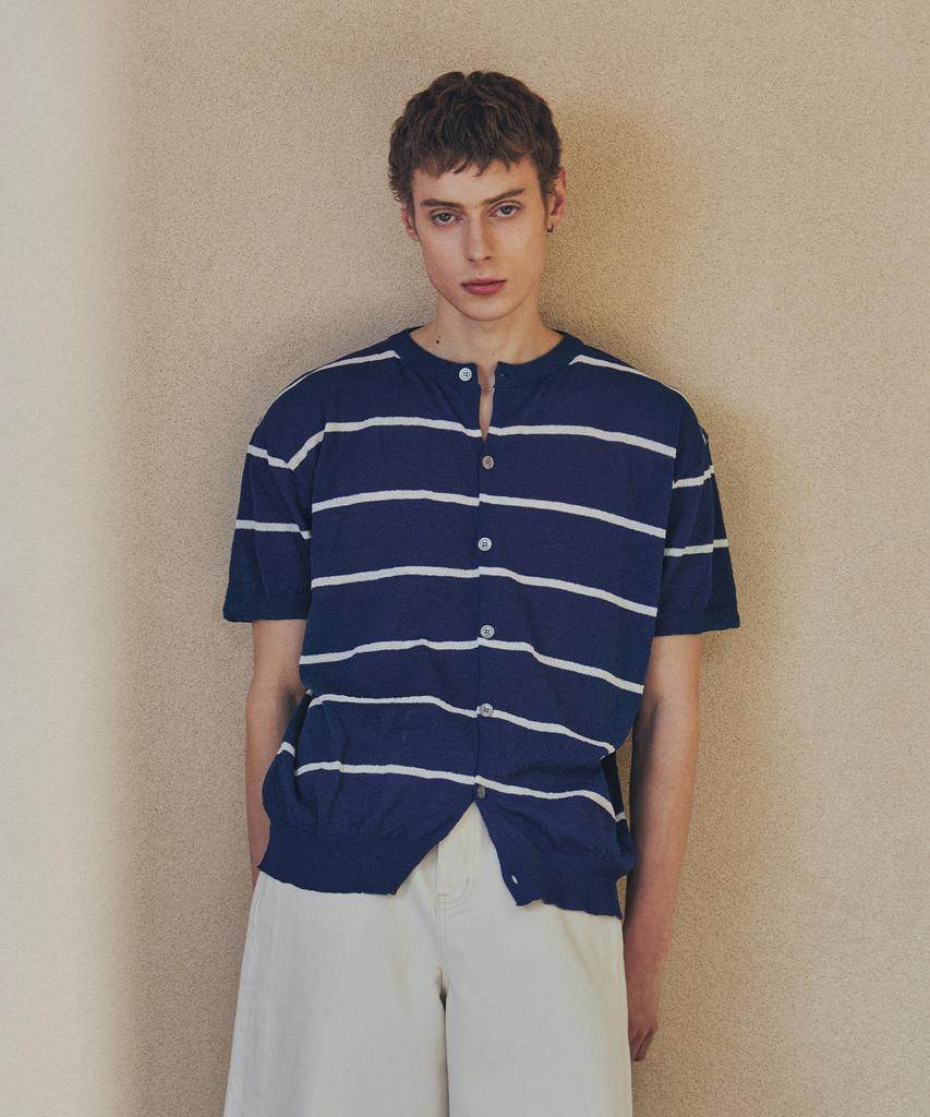 Nodu Summer Striped Round Short Sleeve Cardigan [Blue]