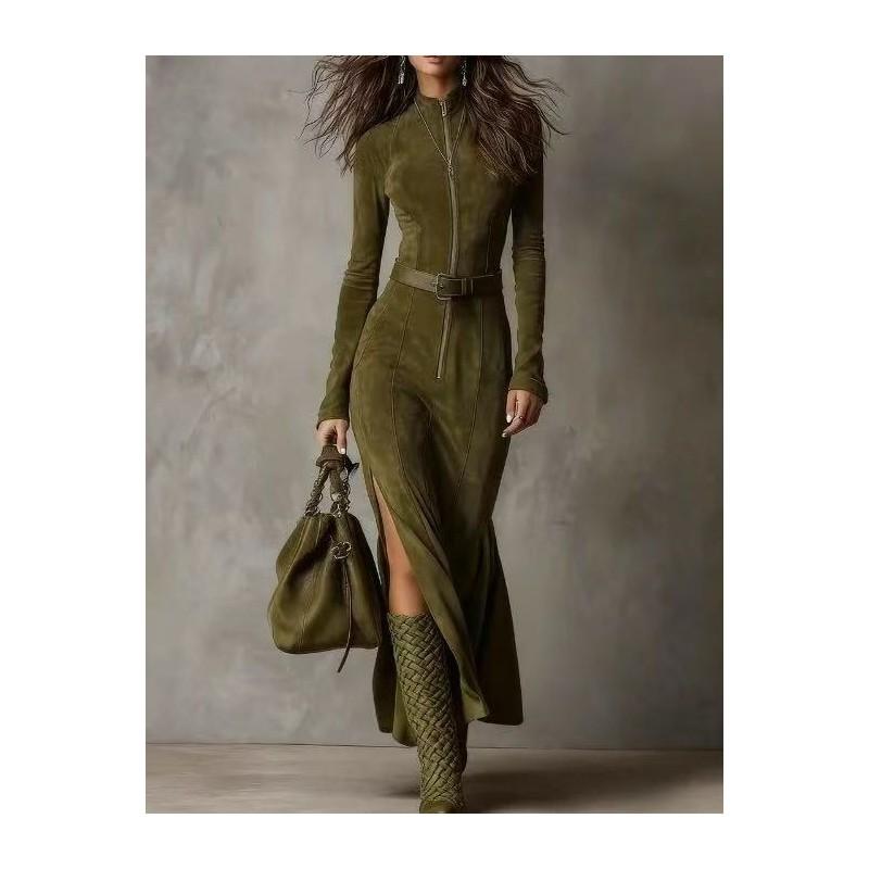 Elegant Sweater Dress With Zipper Collar For Casual Autumn Wear